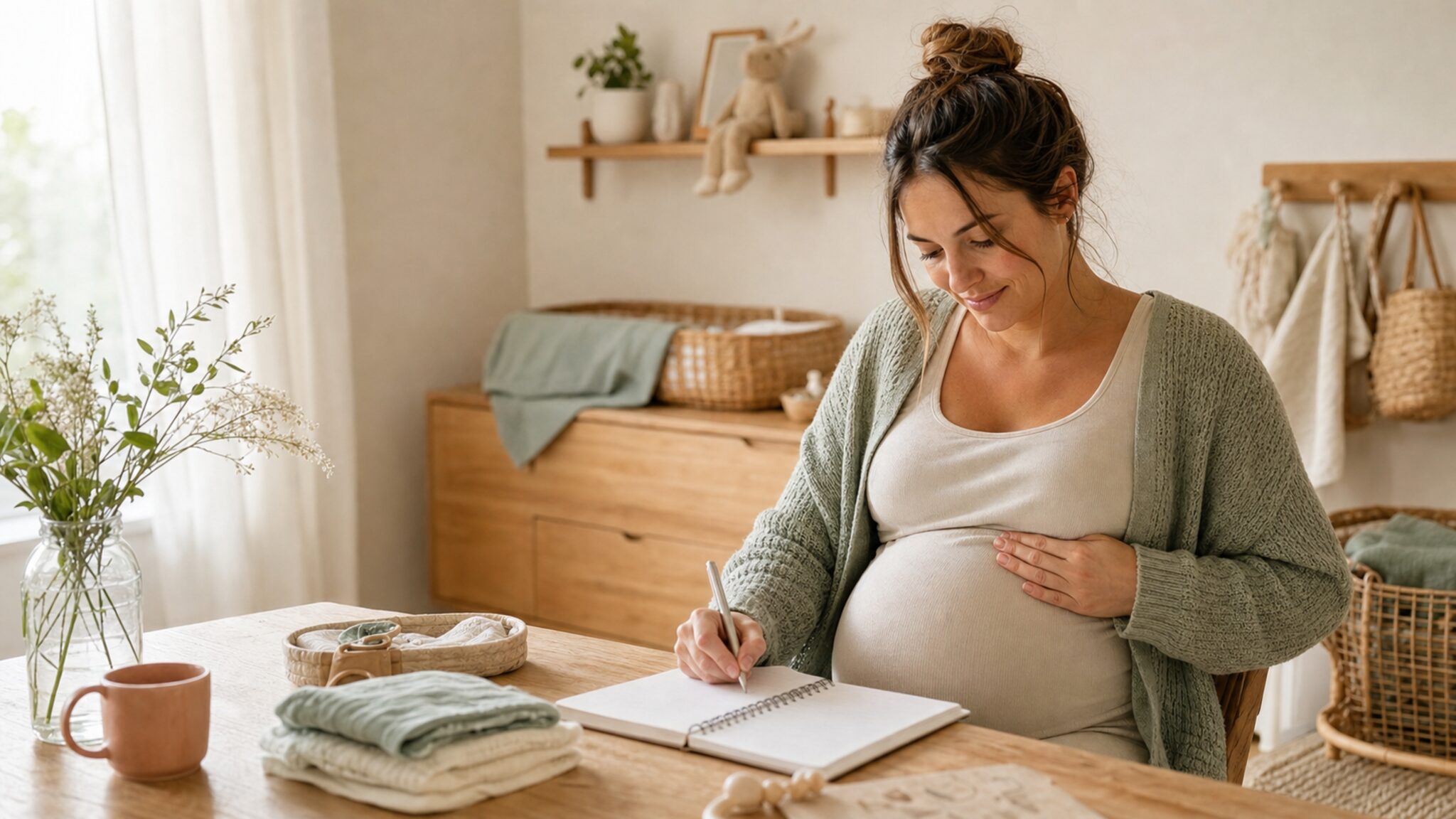 Une femme enceinte écrit dans son carnet de grossesse